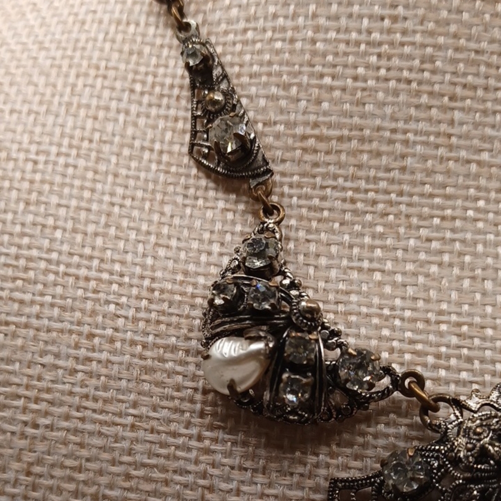 Western Germany Clear Rhinestone and Filigree Pearl Necklace - Picture 10 of 12